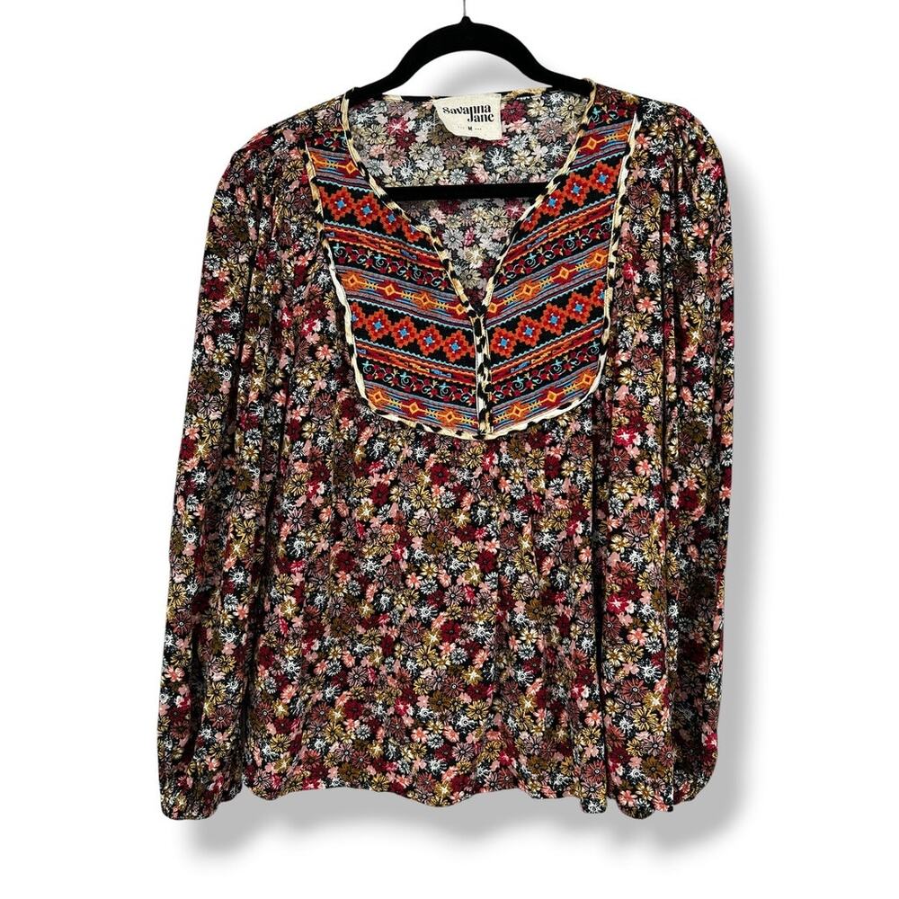 Savanna Jane Embroidered Peasant Top Floral Long Sleeve Women's M Boho